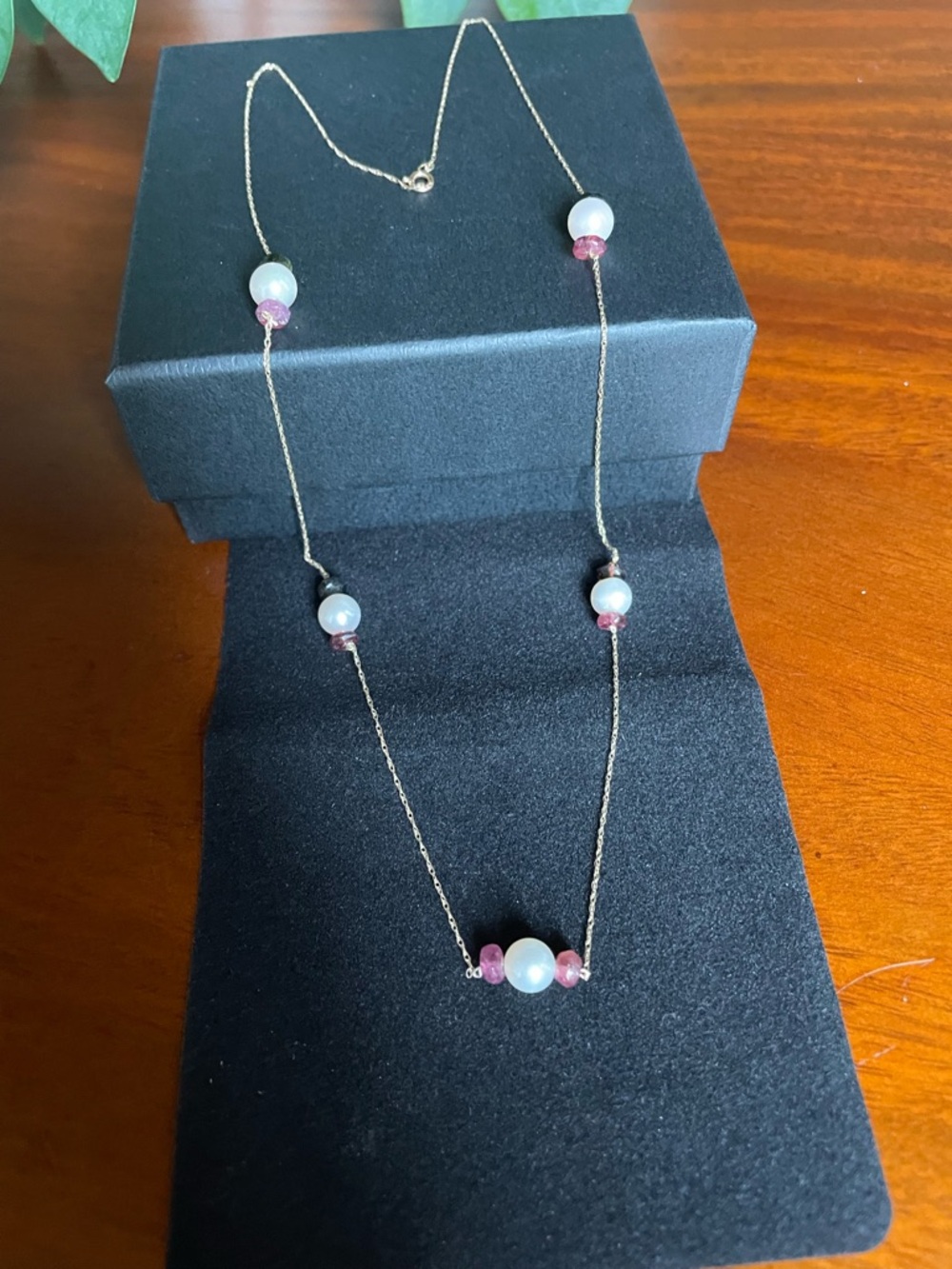 14k yellow gold Pearl and Tourmaline Station Necklace